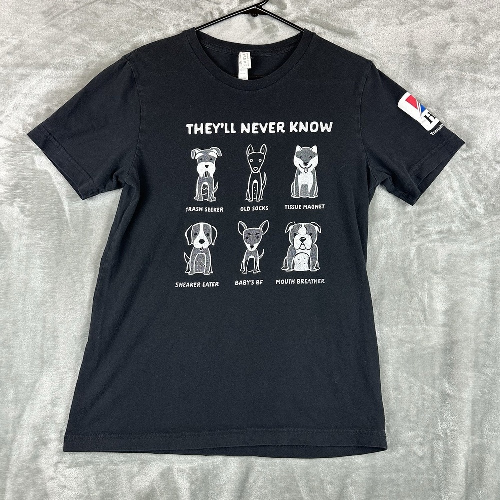 "They'll Never Know" Dog Humor T-Shirt Women's M Black Graphic Cotton